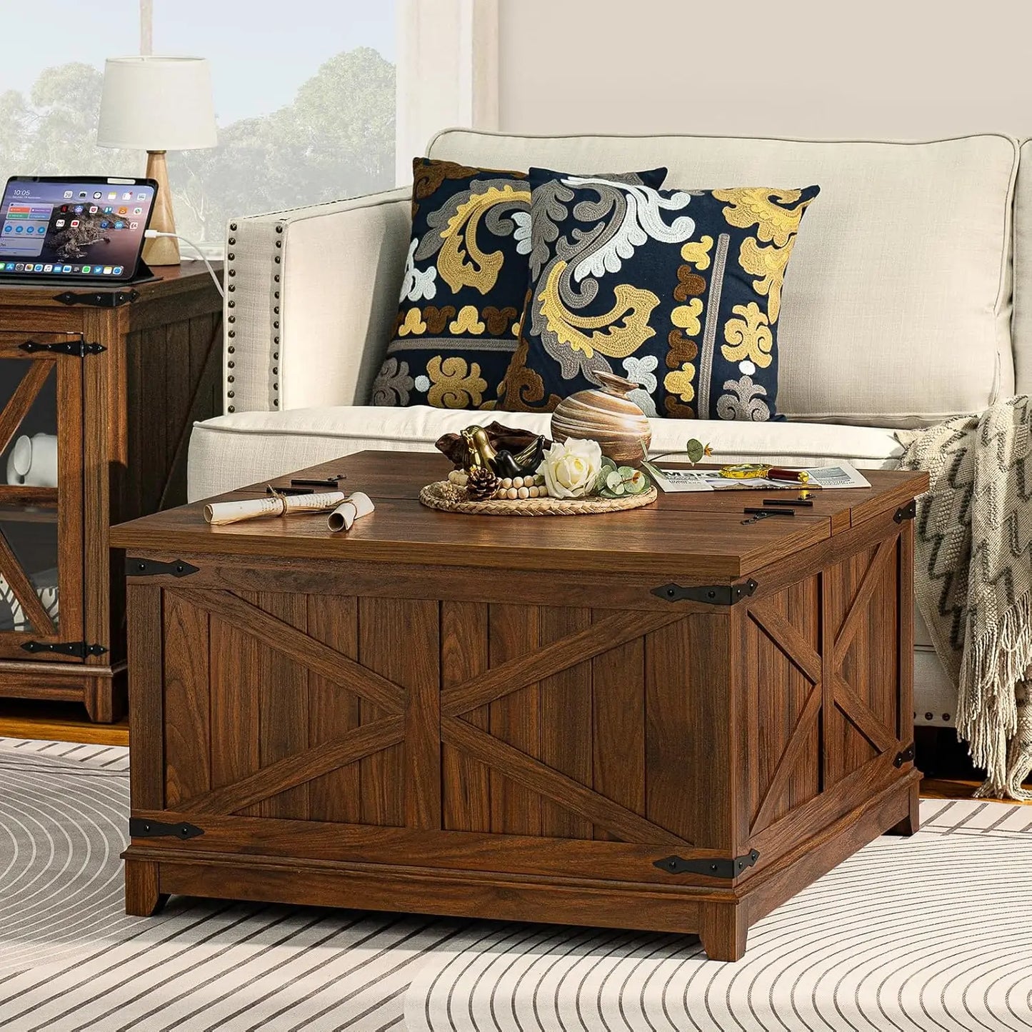 Farmhouse Square Coffee Table with Hidden Storage