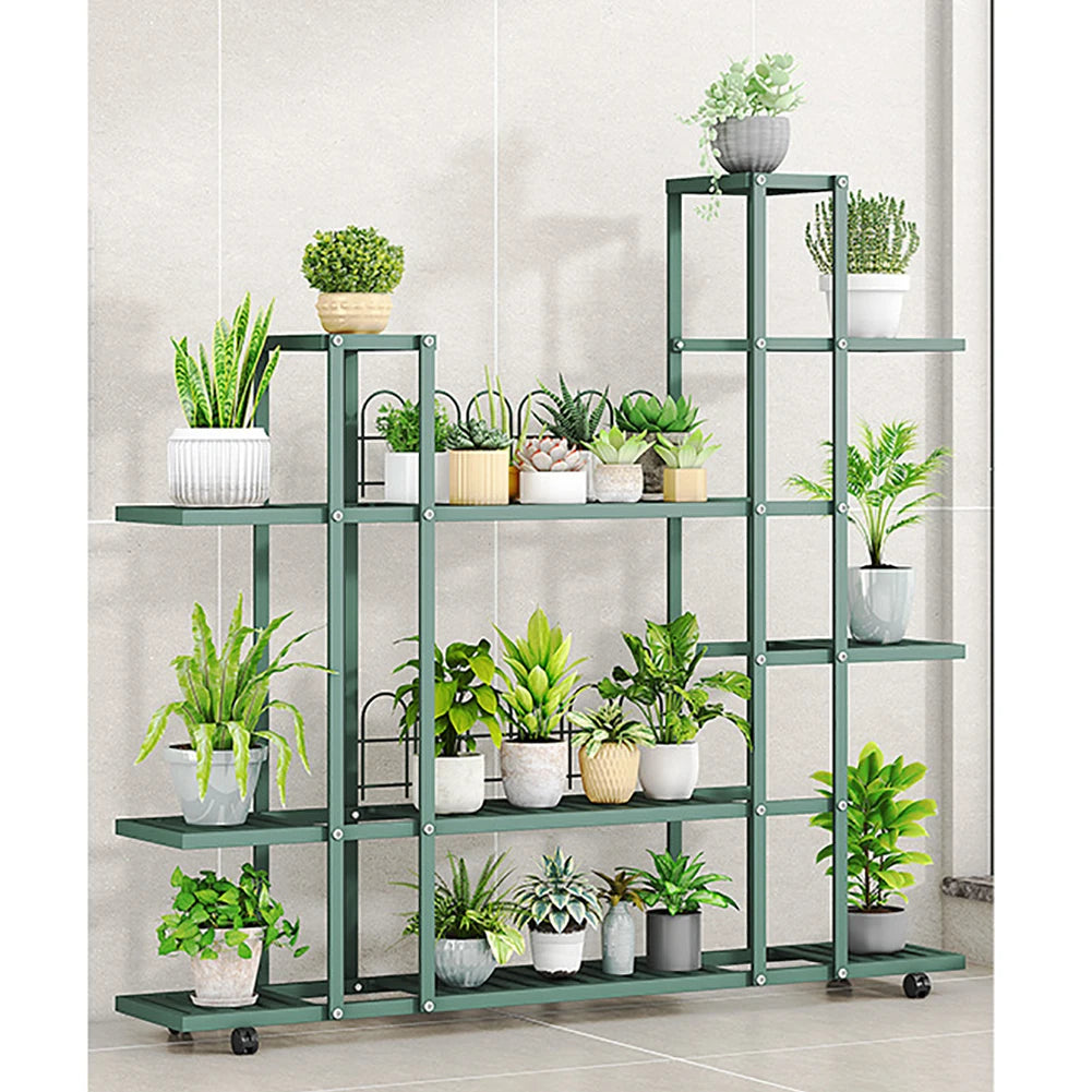 Plant Stand Indoor Outdoor, Wrought Iron Multiple Planter Rack Organizer w/Wheels Flower Display Stand for Balcony Garden