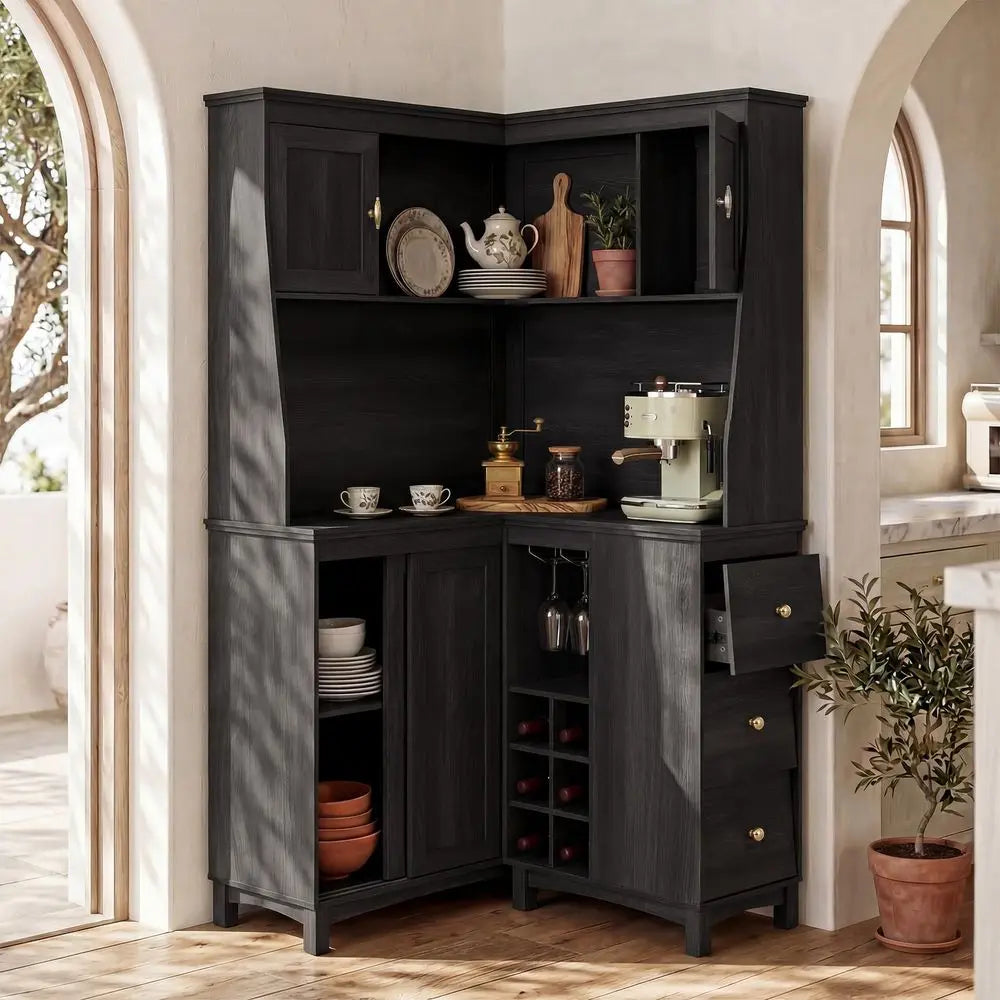 71" L-Shaped Corner Cabinet with Charging Station | Multi-Functional Kitchen Pantry & Wine Bar