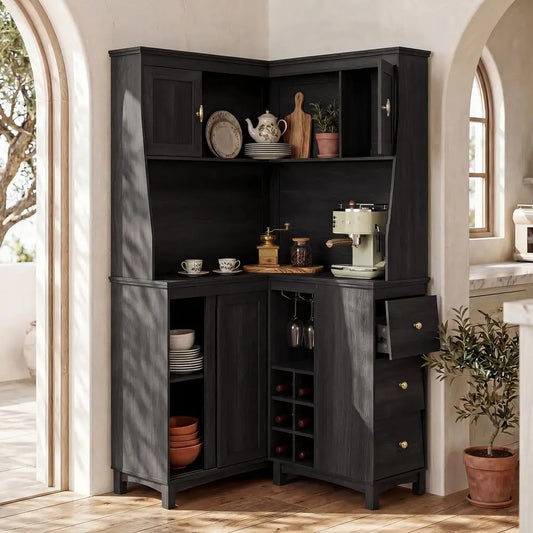 71" L-Shaped Corner Cabinet with Charging Station | Multi-Functional Kitchen Pantry & Wine Bar
