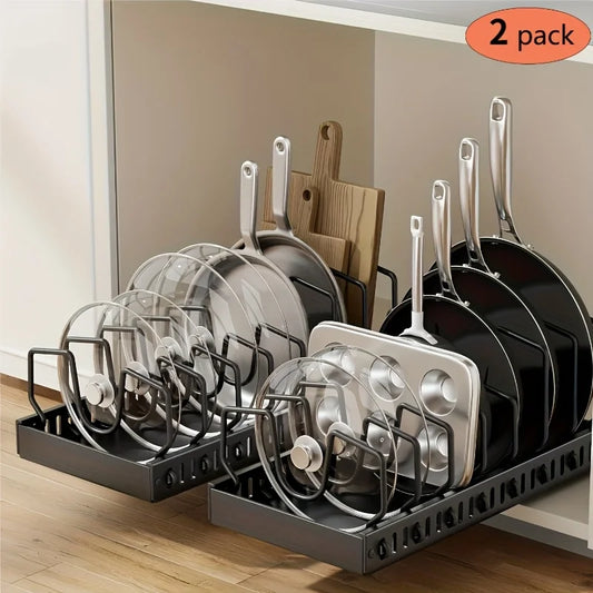 Pull-Out Pots and Pans Organizer | Under-Cabinet Lid Rack with 8 Adjustable Compartments (2-Pack)