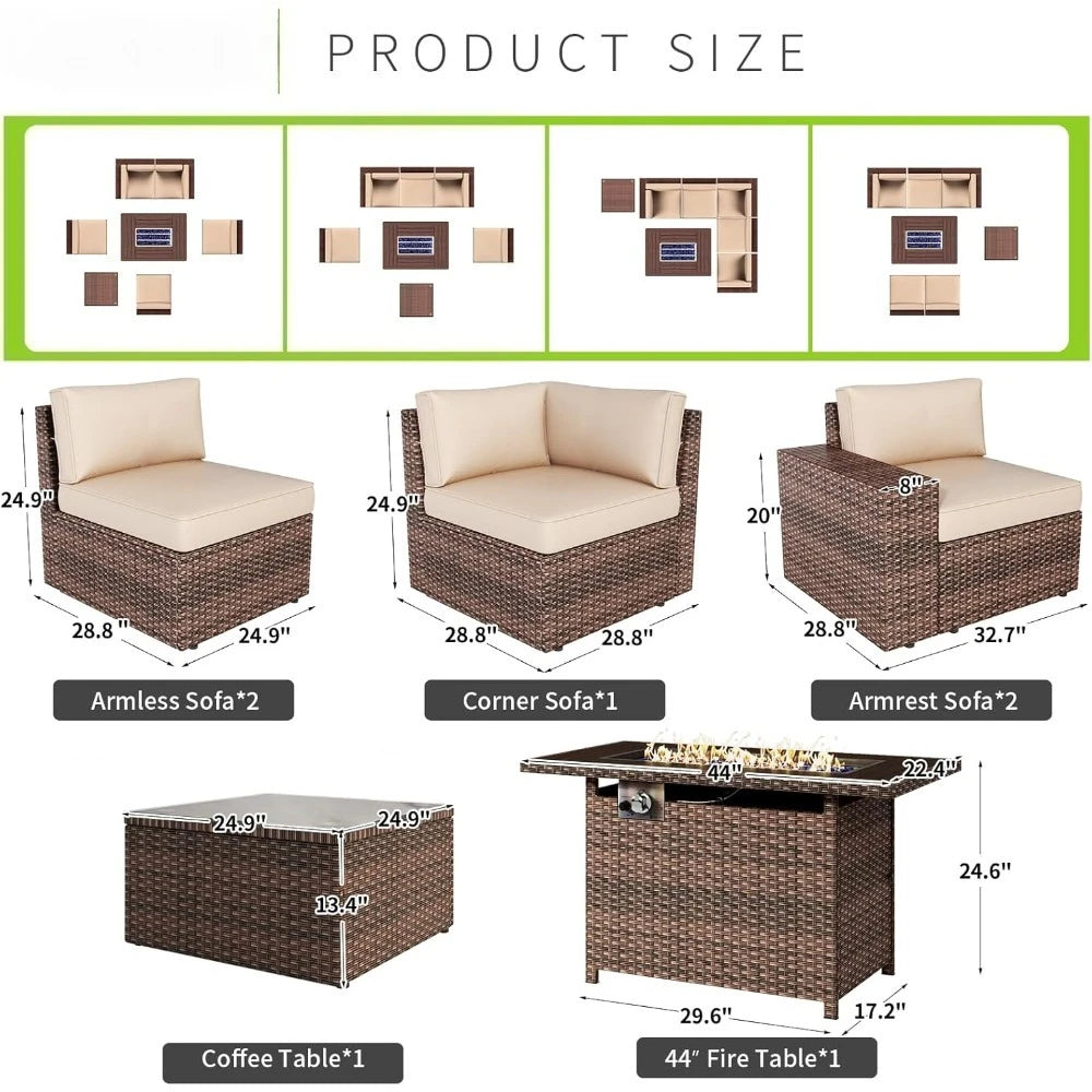 7 Piece Patio Furniture Set with 44 Inch Fire Pit Table, Outdoor Wicker Parlor Set with Thick Cushions