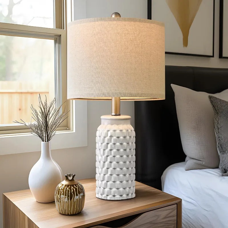 Modern White Ceramic Table Lamps (Set of 2) – 20.5" Bedside Lamps with Linen Shades