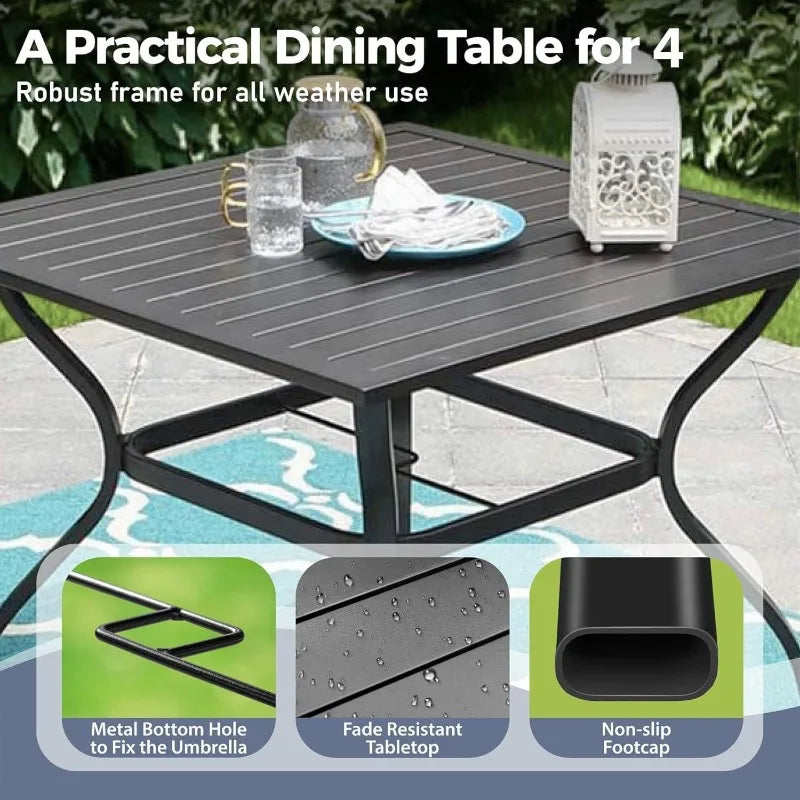 Outdoor Patio Dining Set (5/9/10‑Piece) – Square Table with Umbrella Hole & Metal Brown Chairs