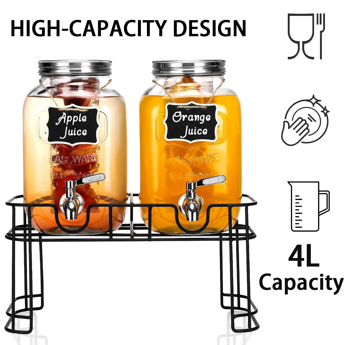 Double Glass Drink Dispenser Set – Two 1‑Gallon Jars with Metal Stand