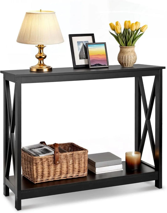 39.5" Narrow Console Table with 2-Tier Storage Shelf, Black Finish