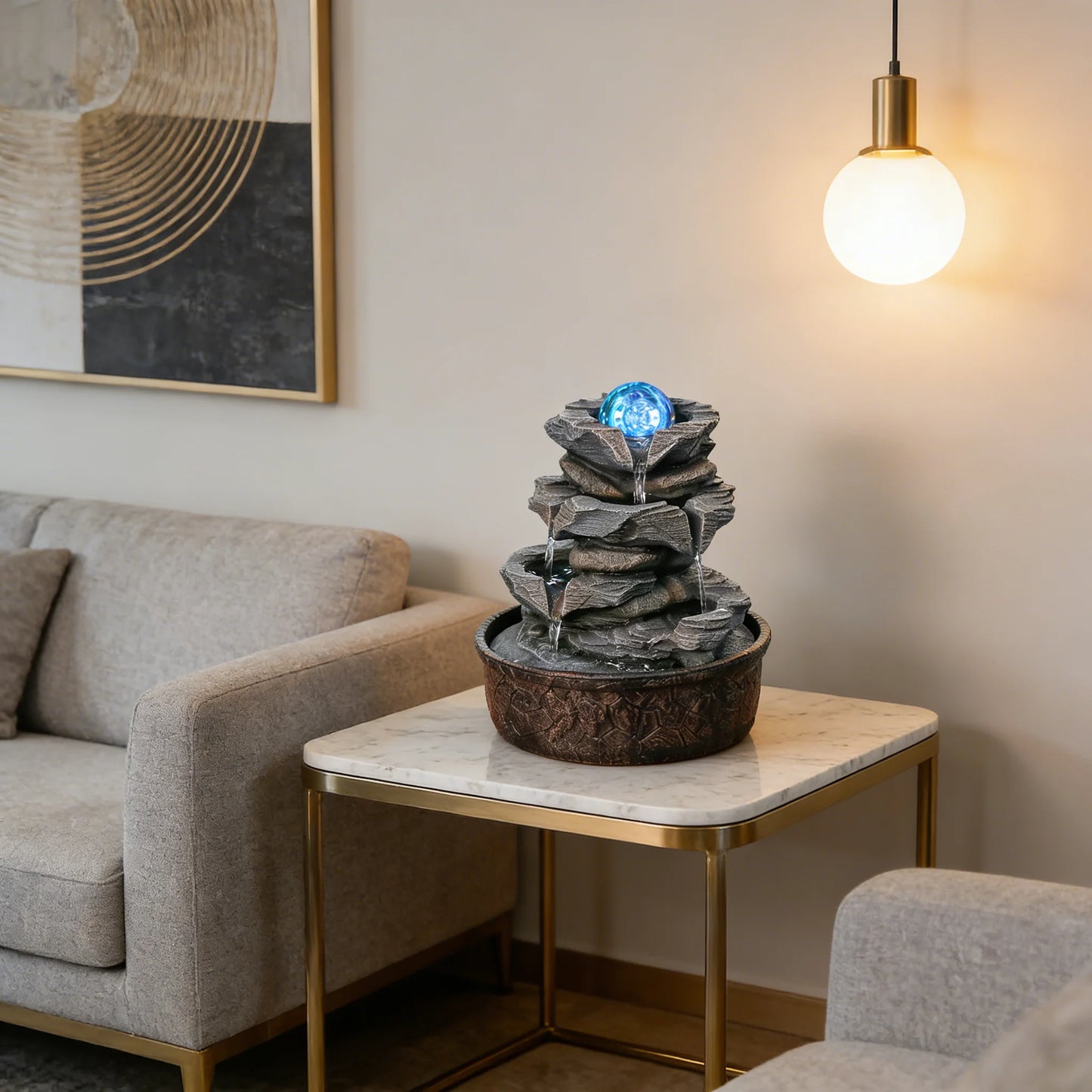 Four-Layer Resin Fountain, 10" Tabletop Waterfall Fountain with LED-Lit Rock Layers, Resin Fountain for home/Office Decor