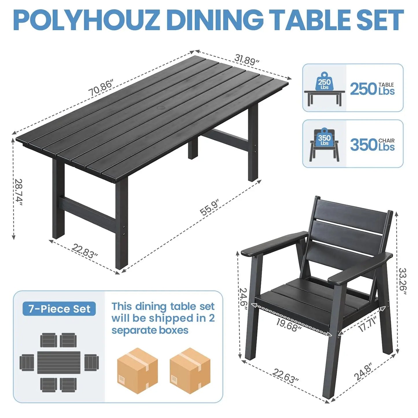 7‑Piece All‑Weather Outdoor Dining Set – 6 Seats, Table with Umbrella Hole, Black