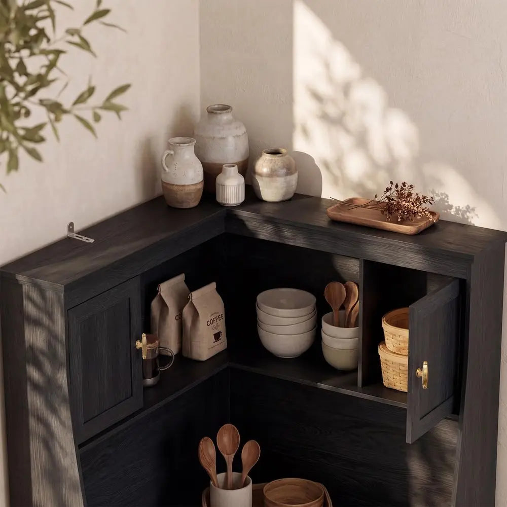 71" L-Shaped Corner Cabinet with Charging Station | Multi-Functional Kitchen Pantry & Wine Bar