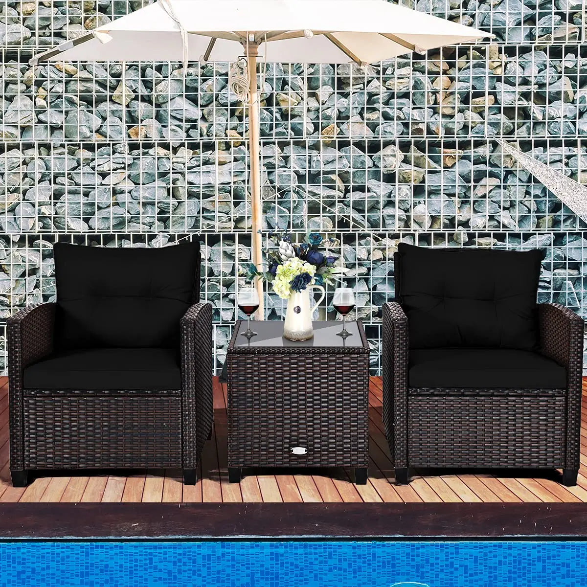 3‑Piece PE Rattan Patio Furniture Set – Outdoor Chairs with Washable Cushions & Tempered Glass Table (Multiple Colors)