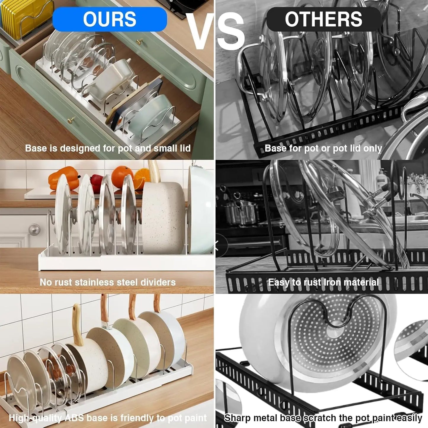 22" Expandable Pot & Pan Organizer – White Under‑Cabinet Rack with 9 Adjustable Dividers (2‑Pack)