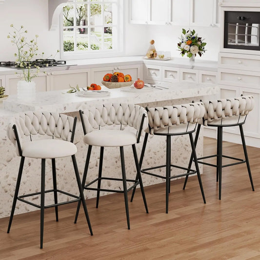 30" Metal Bar Stools (Set of 4) – Modern Counter Chairs with Woven Backrest