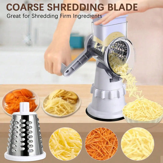 Rotary Cheese Grater Hand Crank - Vegetable Slicer with 3 Stainless Steel Blades