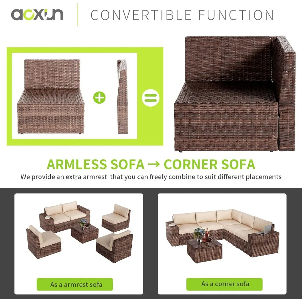 7 Piece Patio Furniture Set with 44 Inch Fire Pit Table, Outdoor Wicker Parlor Set with Thick Cushions