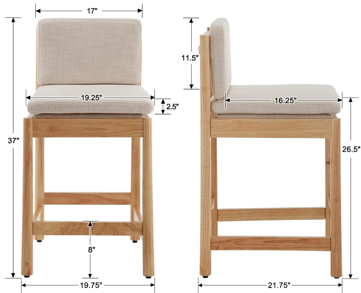 Counter Height Bar Stools, Set of 4 Stools with Back Natural Wood