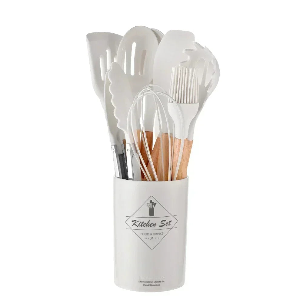 12‑Piece Non‑Stick Silicone Cooking Utensil Set – Wooden Handles, Heat‑Resistant Kitchen Tools with Storage Container
