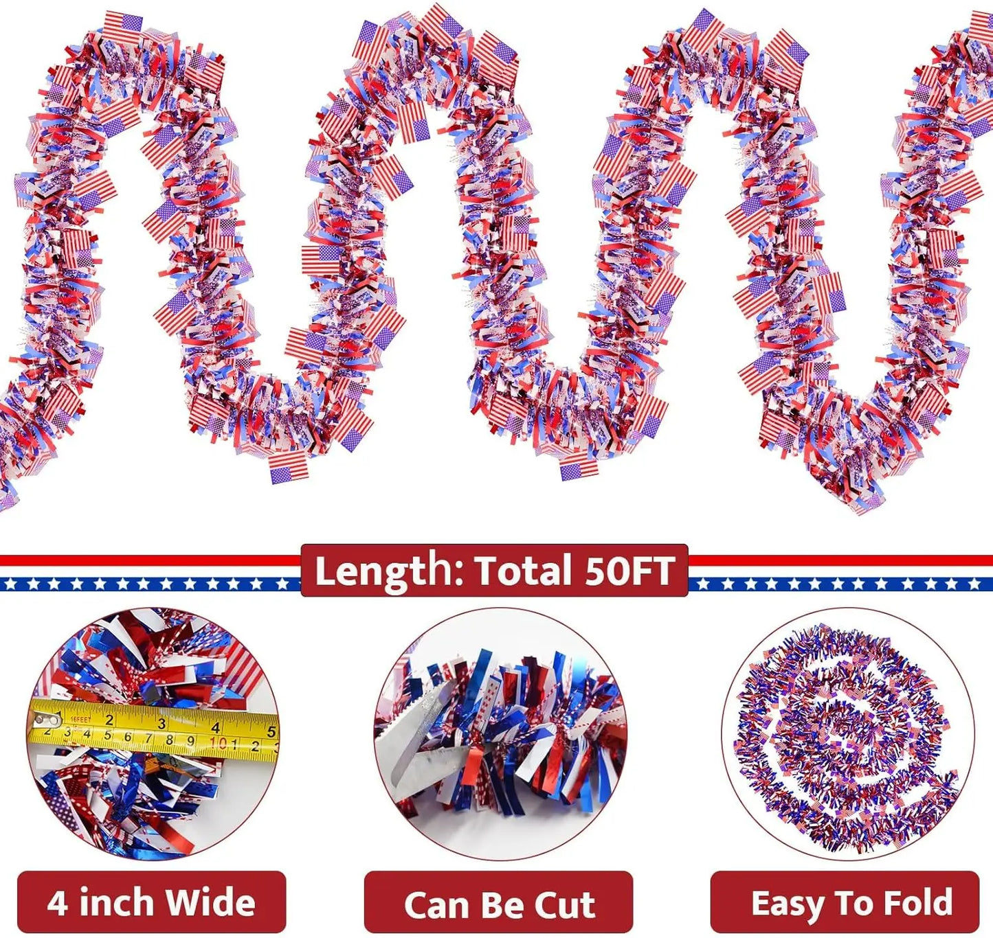 50FT Patriotic Tinsel Garland – Red, White & Blue 4th of July Decoration for Indoor & Outdoor Use