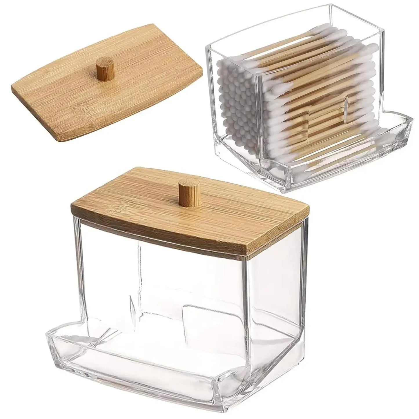 Storage Box and Jar Organizer, Cotton Balls, Cotton Round Pad Holder, Q-tip Dispenser with Bamboo Lid