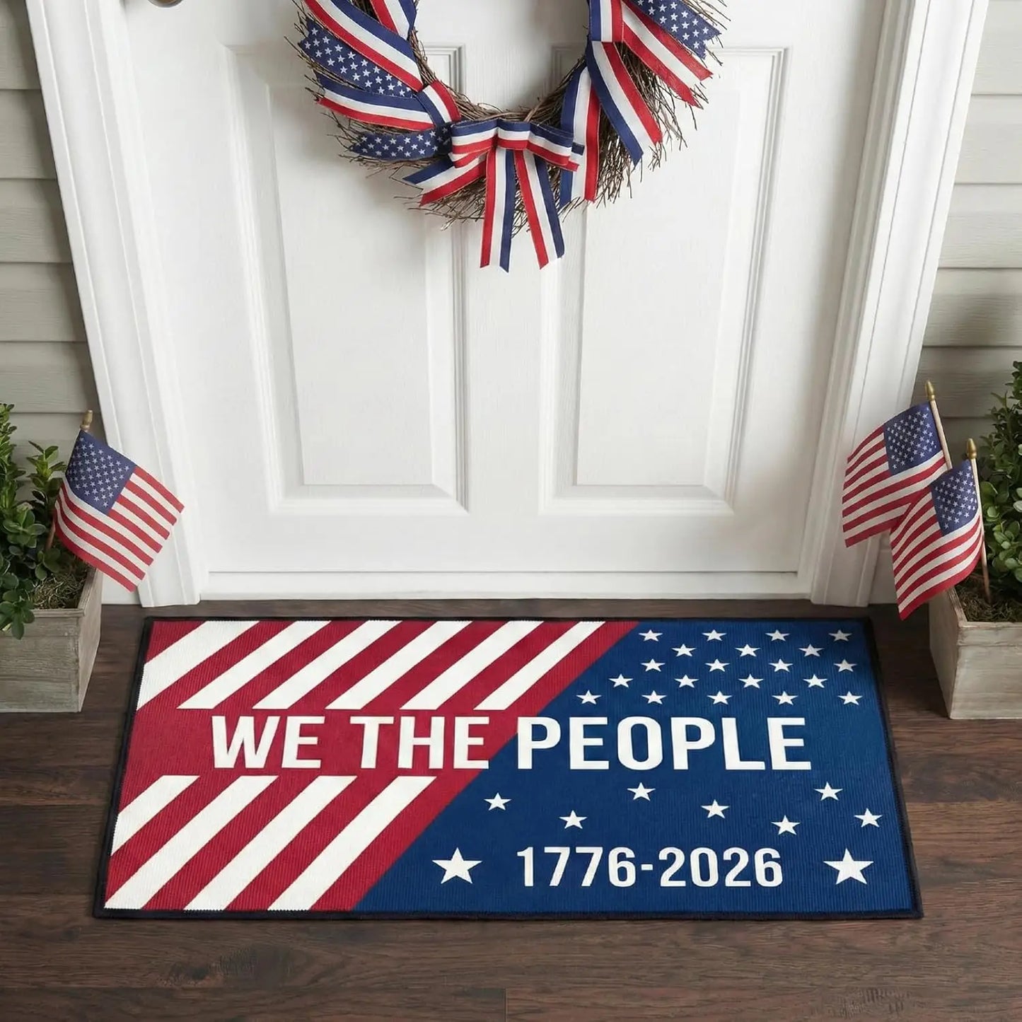 250th Anniversary 4th of July Patriotic Mat – Red White Blue Non-Slip Indoor/Outdoor Entrance & Porch Decor