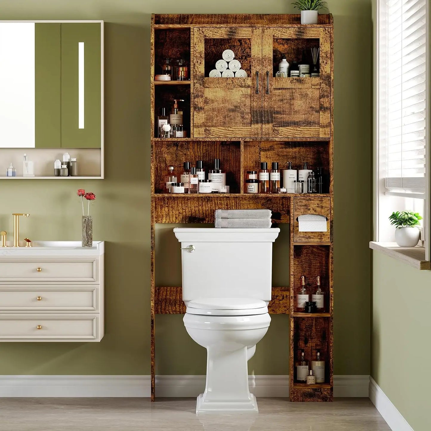 67.4" Over Toilet Storage Cabinet With Glass Door