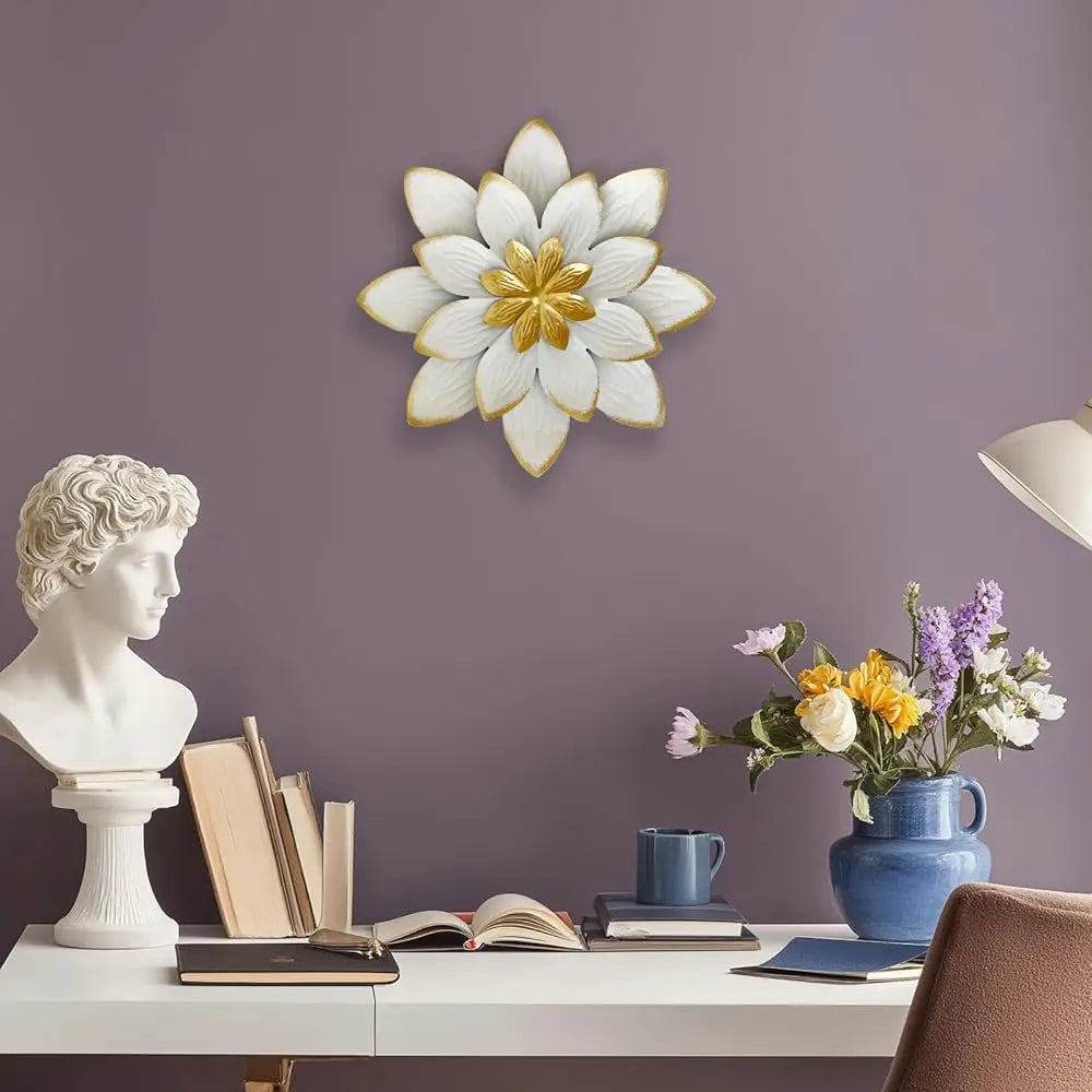 9“ White and Gold Metal Flower Wall Art, Modern Rustic Floral Decor for Indoor Living Room, Bedroom, Office, or Outdoor