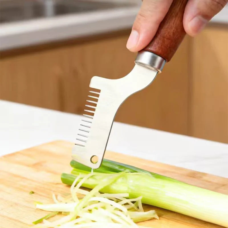Stainless Steel Scallion Slicer Knife – Wooden‑Handle Vegetable Shredder & Kitchen Cutting Tool