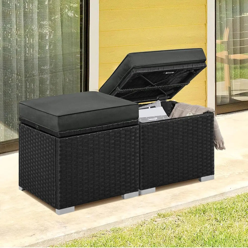 Wicker Ottomans, Set of 2 Patio Rattan Side Tables with Hidden Storage & Removable Cushion