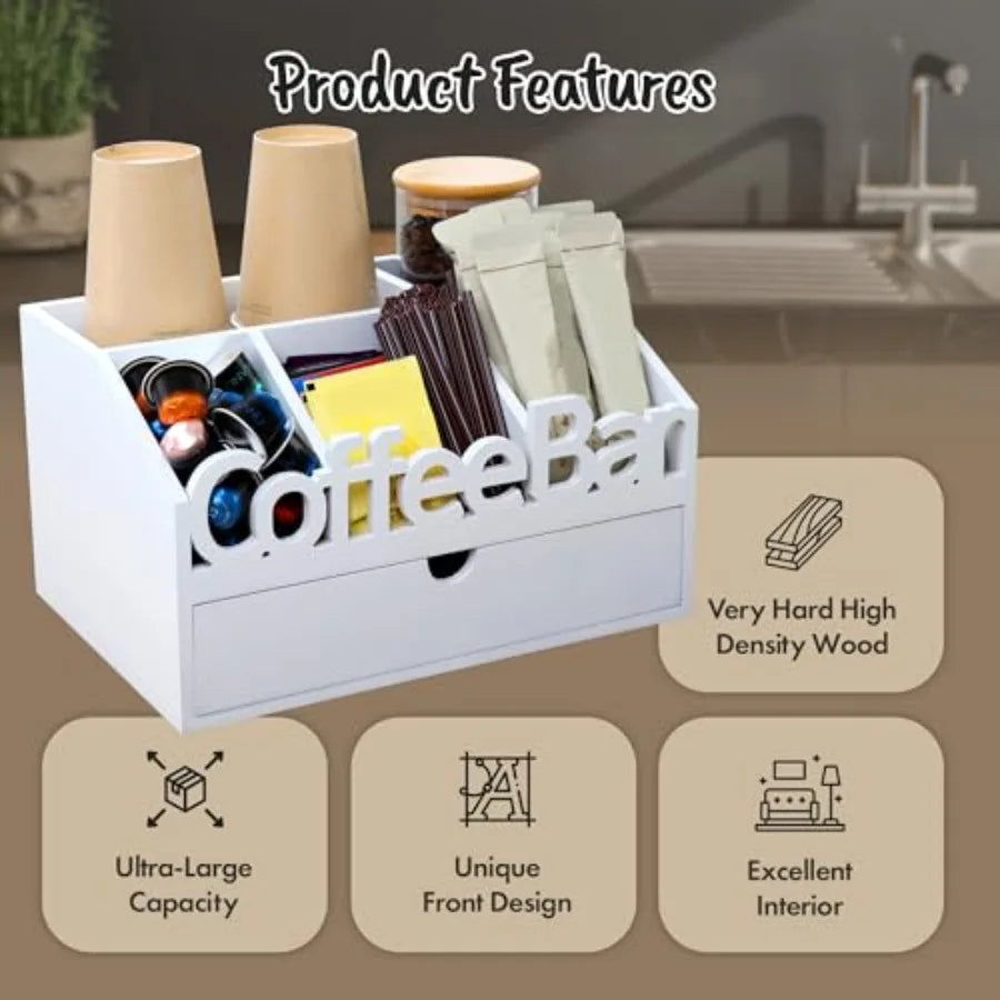 Coffee Bar Organizer for Countertop Wooden Coffee Station with Drawer Tea and K Cup Storage Condiment Rack Coffee Pod Holder