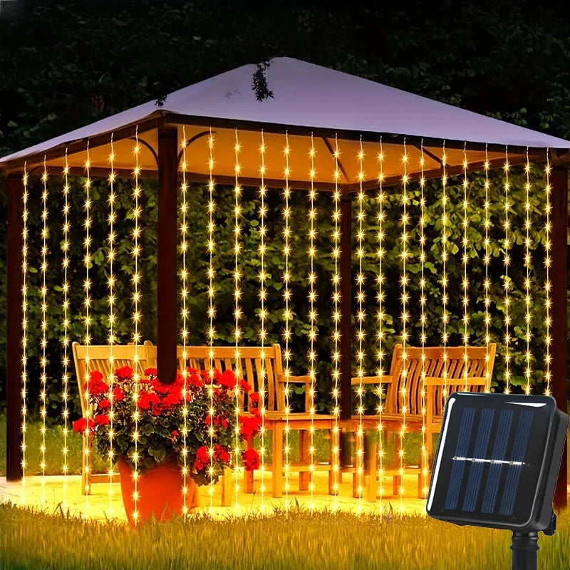 Outdoor Solar Curtain String Lights – Waterproof LED Set with 8 Lighting Modes