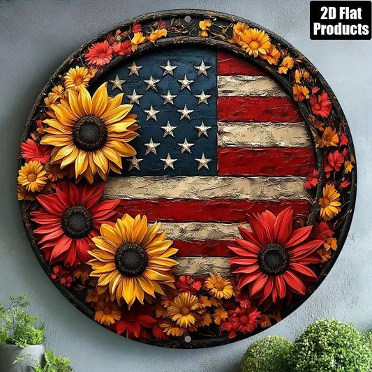 American Flag Sunflower Metal Wall Art, 8x8 Inch Round Aluminum Plaque, Patriotic Rustic Decor for Kitchen Bar Office