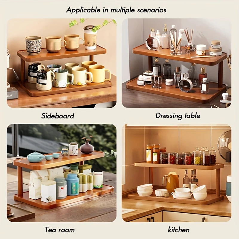 Versatile 2-Tier Wooden Storage Rack for Kitchen & Tea Room - Countertop Organizer
