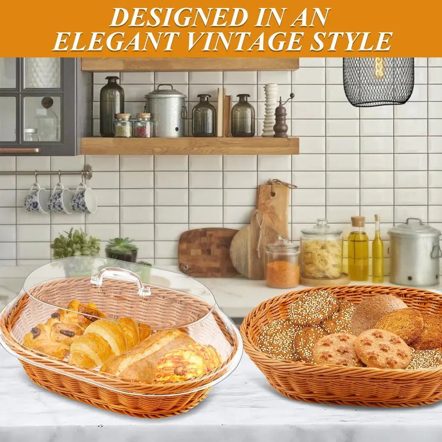 2 Pack Wicker Bread Basket with Acrylic Lid, Imitation Rattan Bread Basket, Oval Woven Fruit Basket with Cover for Food or Vegetables