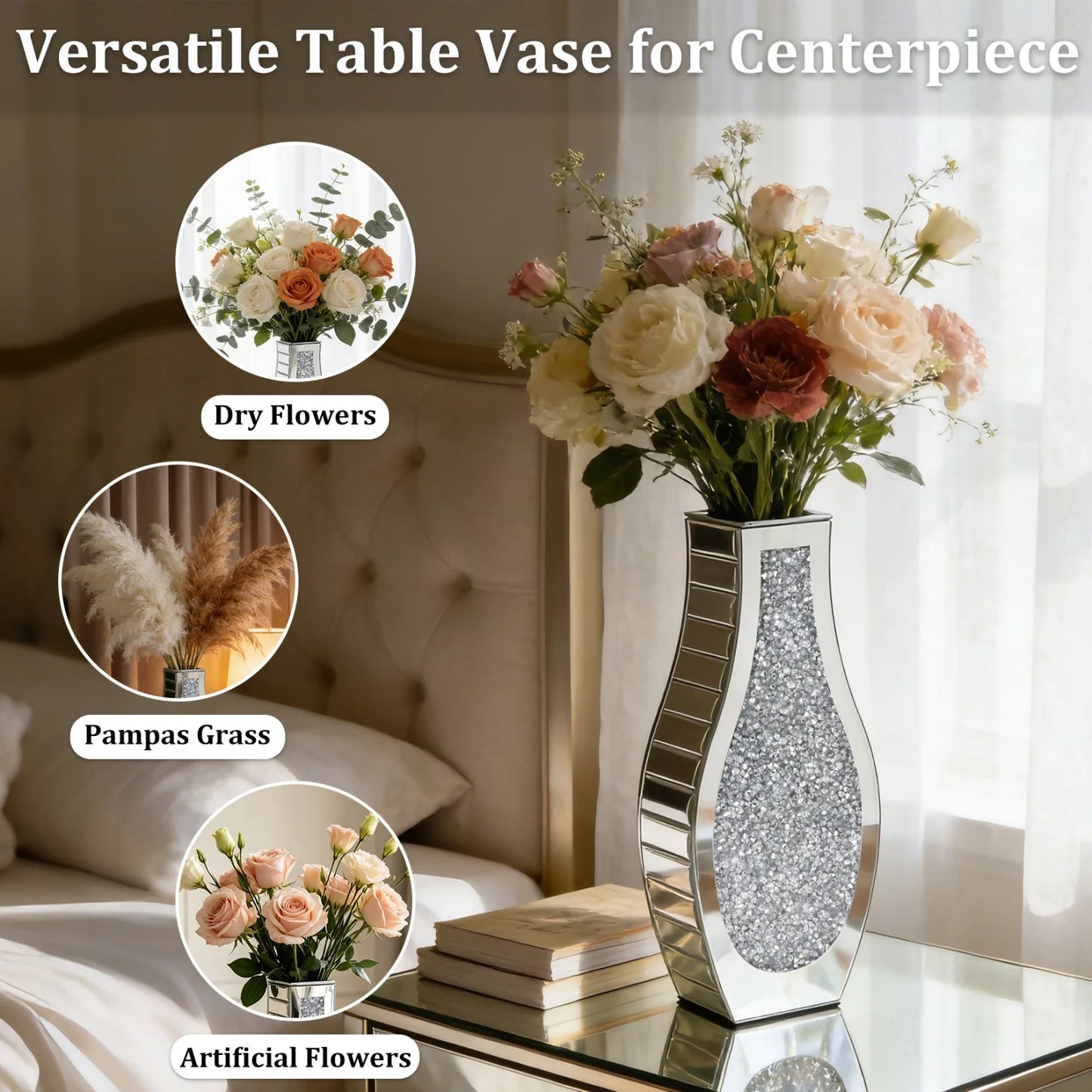 Modern Crushed Diamond Mirror Vase – Crystal‑Accented Decorative Flower Vase for Home Styling