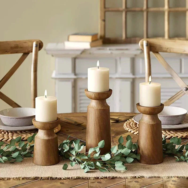 Hand‑Carved Wooden Pillar Holders – Artisanal Solid Wood Candle Stands (Set of 3)