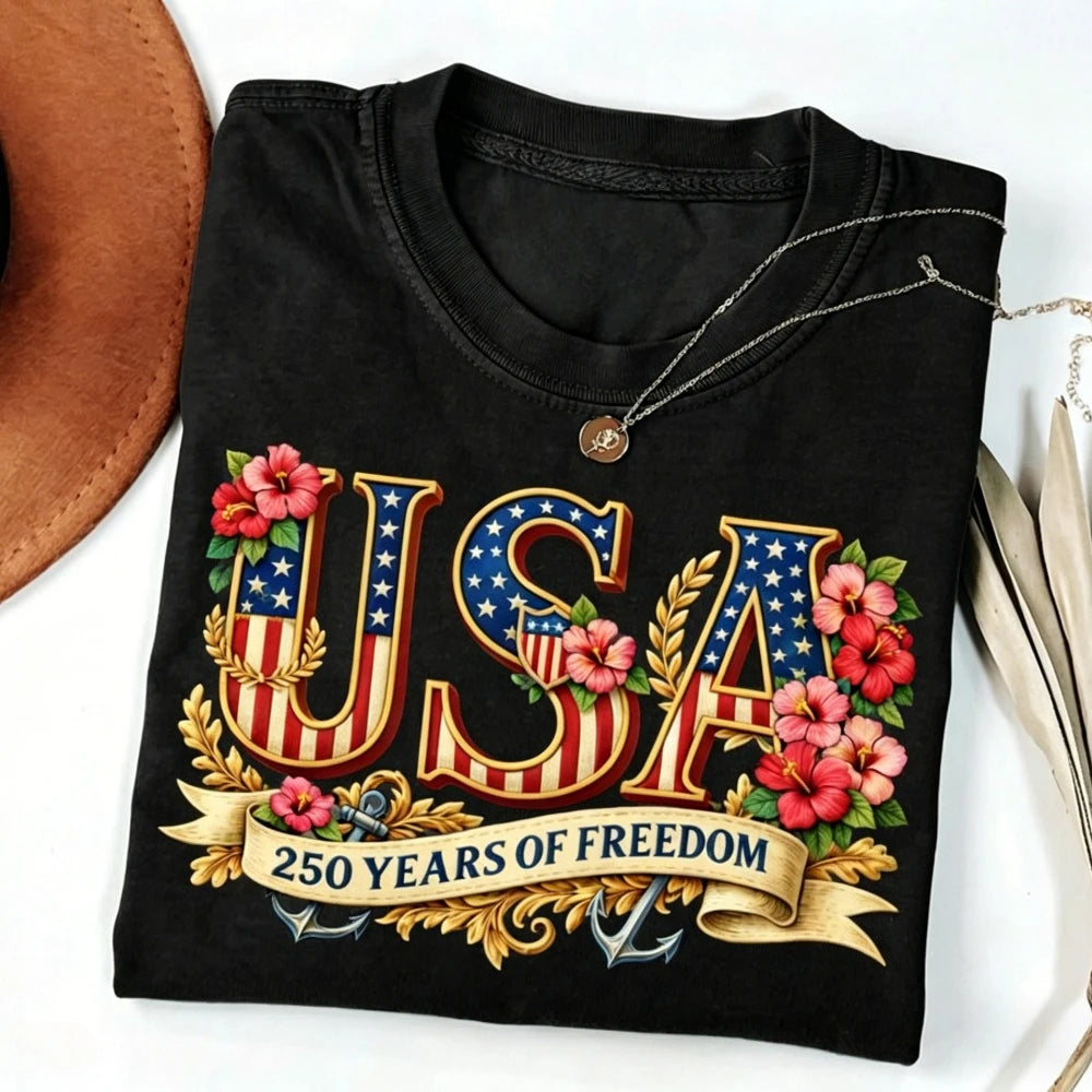 USA 250th Freedom - Women Crewneck Cotton Short Sleeve T Shirt