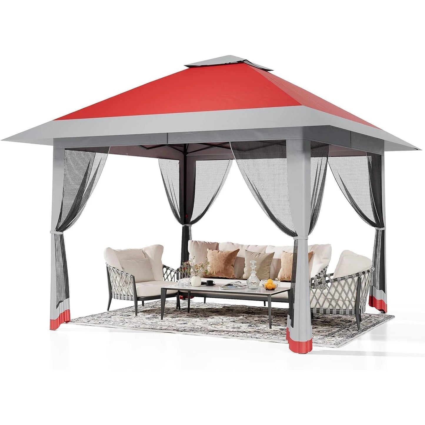 13×13 FT Outdoor Folding Gazebo – 4‑Sided Mosquito‑Net Shed with Cantilevered Eaves & Roll‑Up Canopy Awning