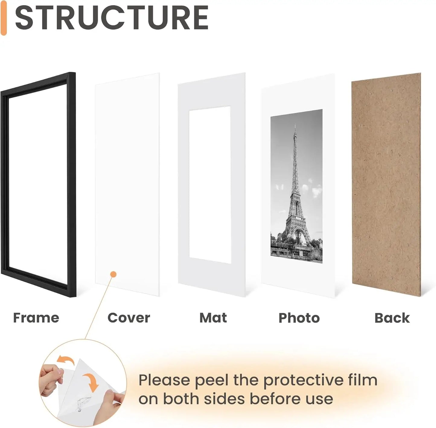 Set of 5 Black Picture Frames – 8×10 Display or 5×7 with Mat