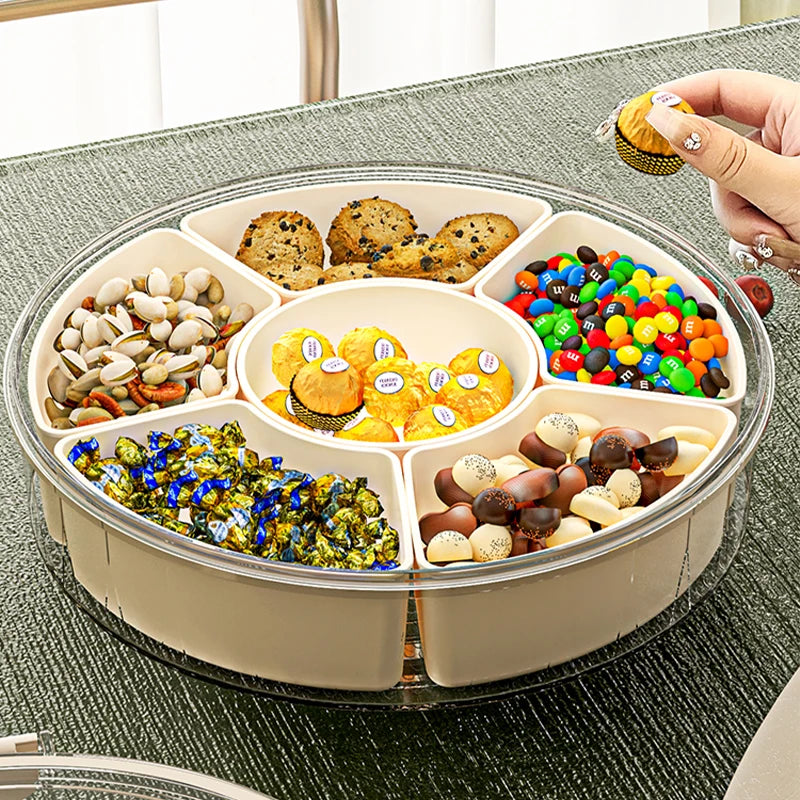 Multi Compartment Round tray with  Clear Lid and Handle and Dividers, Rotating Serving Tray