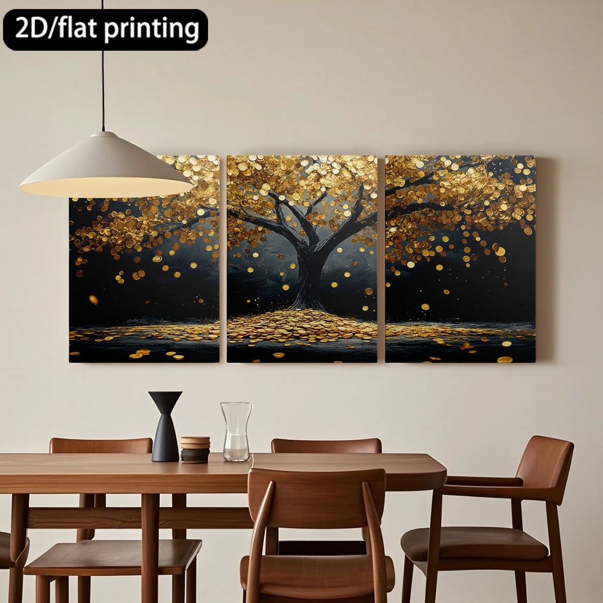 3pc wooden frame canvas decorative painting tree laden with golden coins
