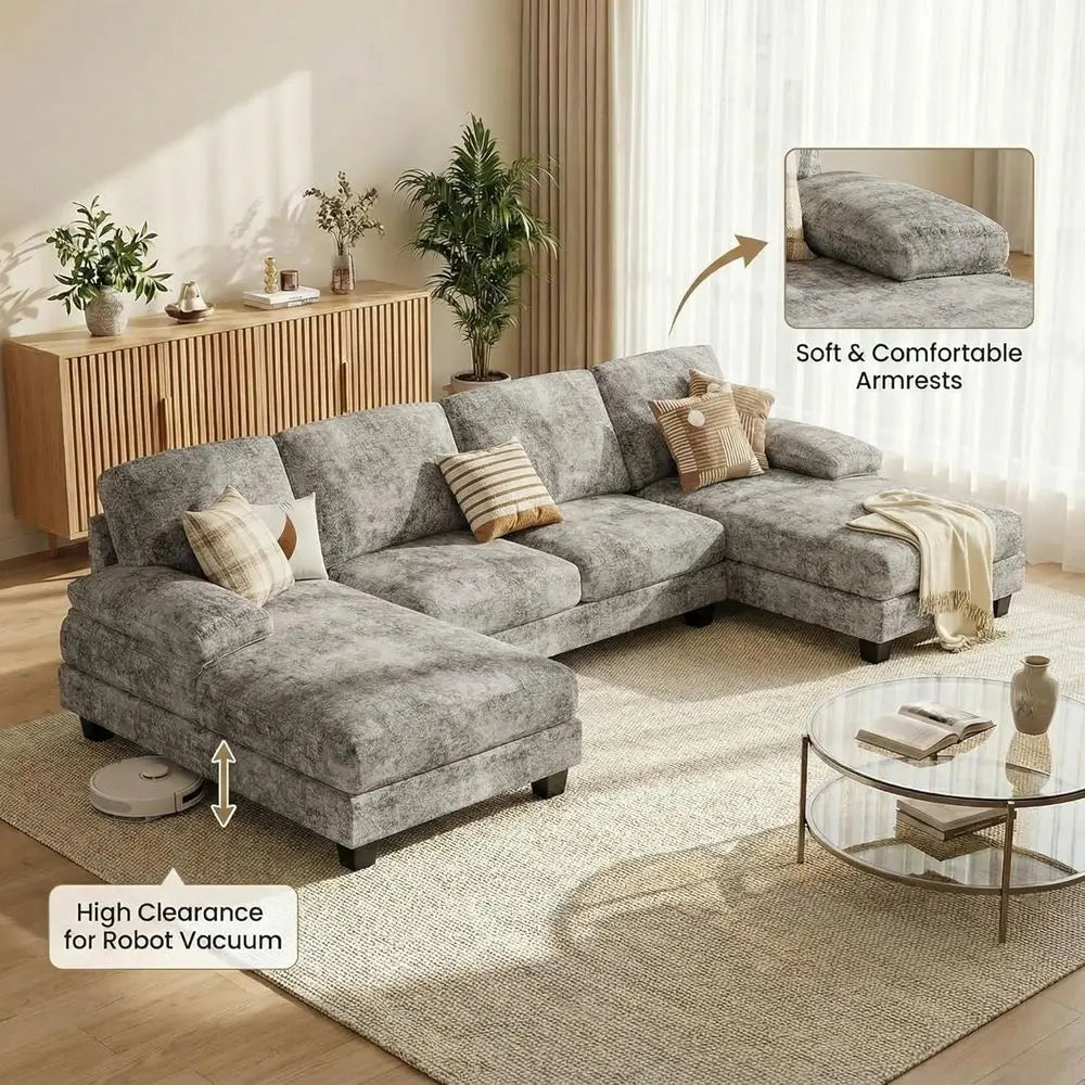 Grey Chenille 4-Seat Sectional Sofa with Removable Pillows