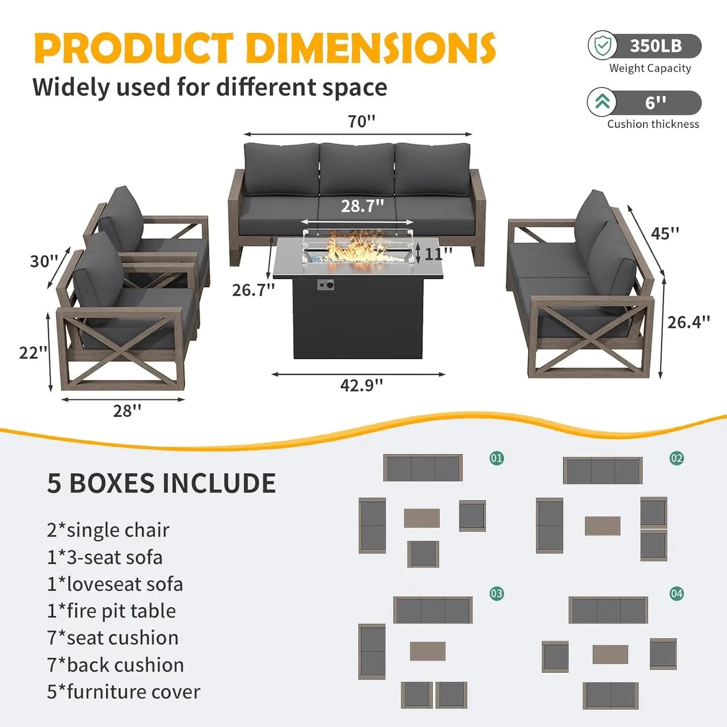 8‑Piece Aluminum Patio Sofa Set with Fire Pit – 6" Cushions, Waterproof Cover, Dark Grey