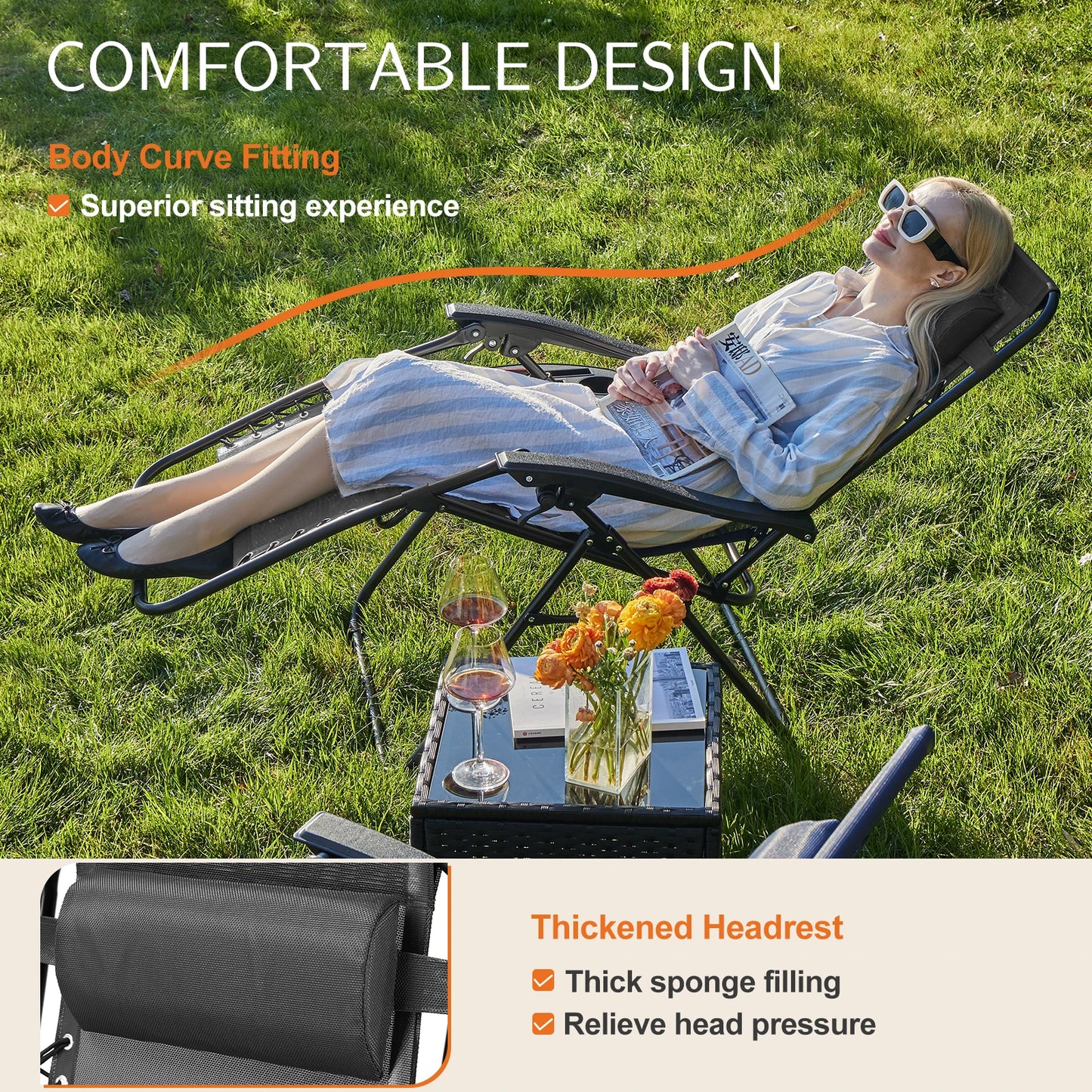 Zero Gravity Recliner Chairs, Set of 2 – Portable Outdoor Lounge Chairs with Cup Holder Trays & Adjustable Pillow