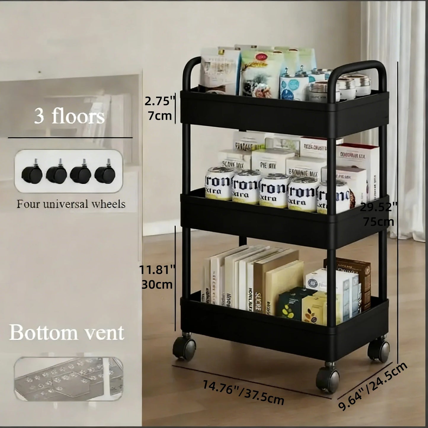 3/4‑Tier Multi‑Functional Rolling Cart – Large‑Capacity Mobile Storage Trolley with Wheels for Kitchen, Bathroom & Bedroom
