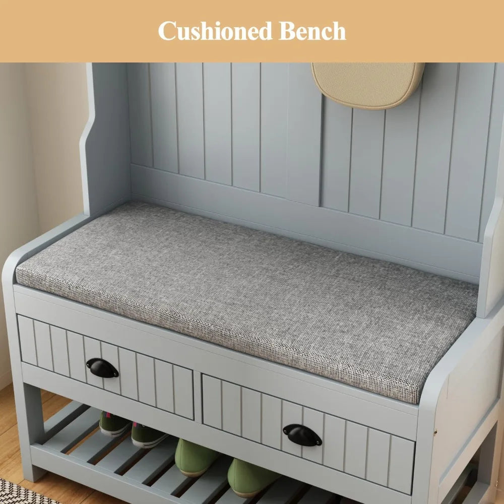 Grey Entryway Bench with Coat Rack, Shoe Storage, Drawers and Shelves - Multifunctional Hall Tree