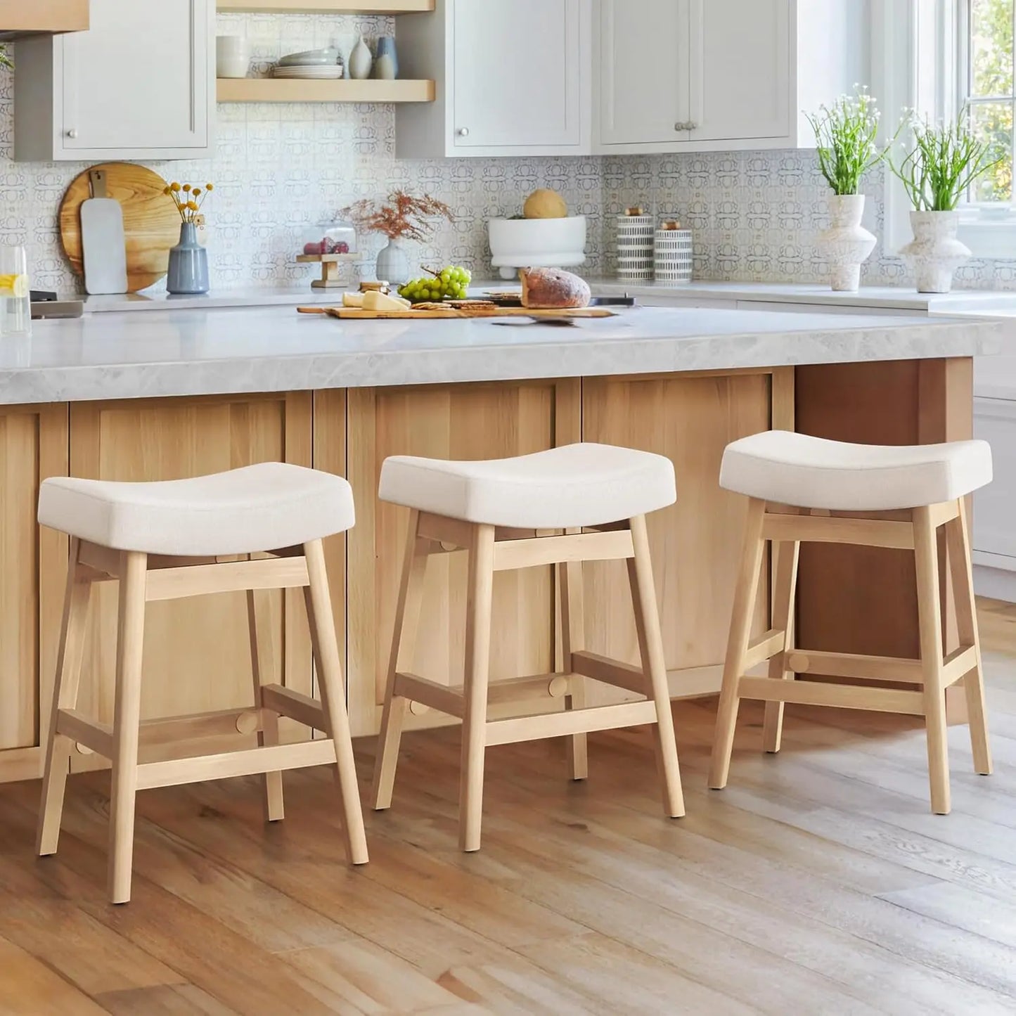 Set of 3 Barstools with Sturdy Wood Legs, Saddle Seat