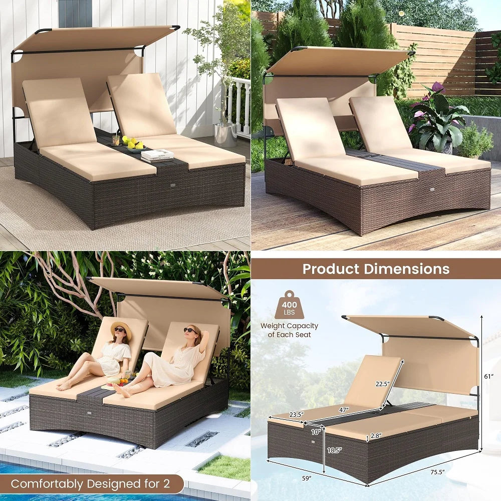 Outdoor Rattan Daybed with Canopy – 2‑Person Wicker Patio Day Bed with 4‑Level Adjustable Backrests, Cushions & Side Table