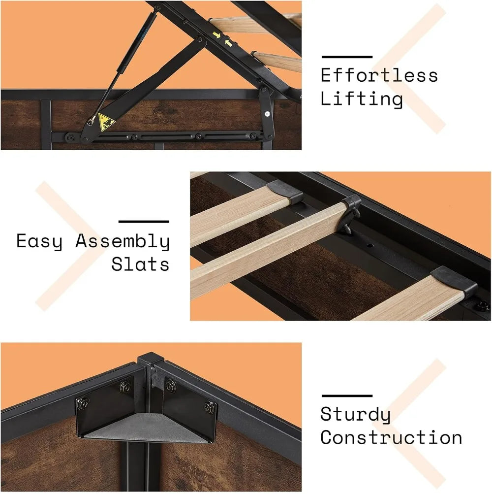 Queen Bed Frame with Lift up Storage, Wooden Platform