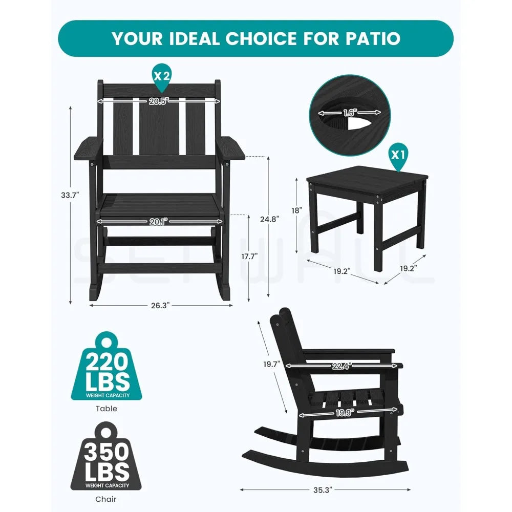 3‑Piece Patio Rocking Chair Set – All‑Weather Chairs with Cushions & Side Table