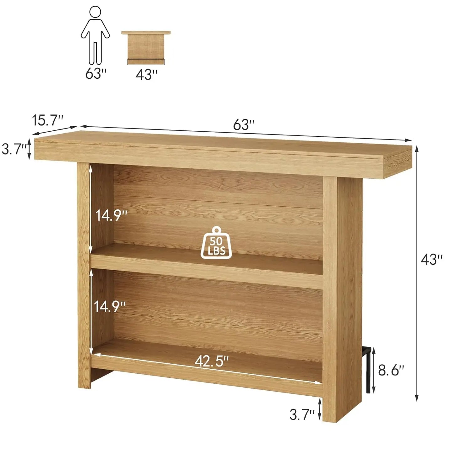 63-Inch Bar Table, 2-Tier Wooden Home Bar Unit with Black Footrest