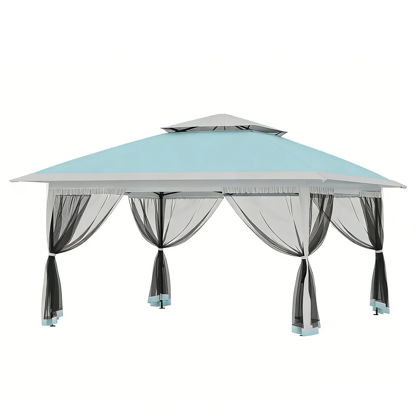 13×13 FT Outdoor Folding Gazebo – 4‑Sided Mosquito‑Net Shed with Cantilevered Eaves & Roll‑Up Canopy Awning